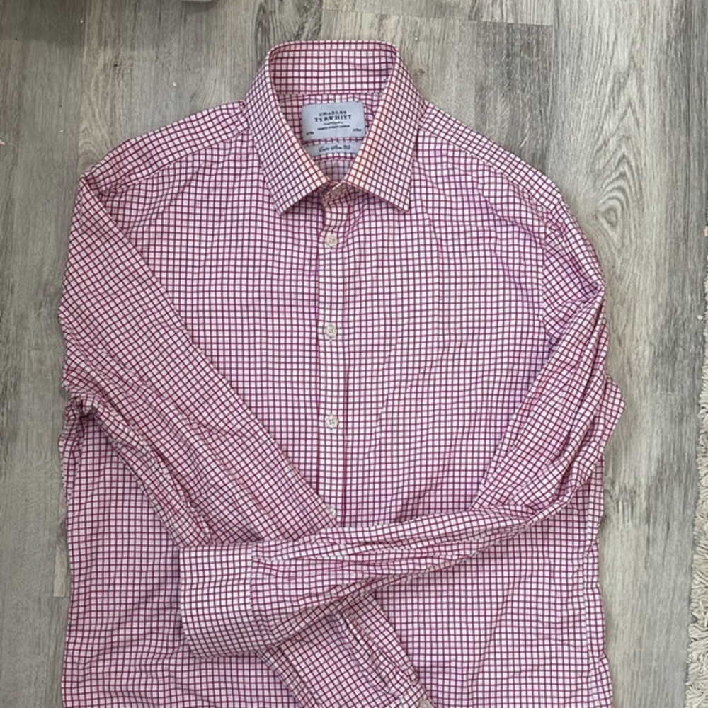 Charles Tyrwhitt Men's Red and White Checkered Dress Shirt
